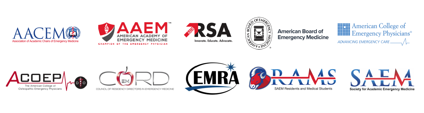 AACEM, AAEM, AAEM/RSA, ABEM, ACEP, ACOEP, CORD, RAMS, EMRA, and SAEM logos